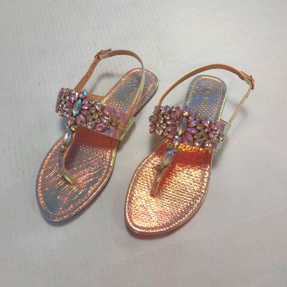 Liliana Woman's Pink Jeweled Ankle Straps T Straps Flat Sandals Size 11M - Picture 2 of 12